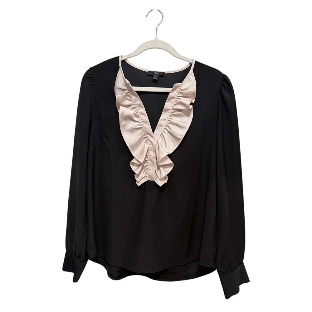 J.Crew Ruffle Front Top Satin Crepe Blouse M Black Pink Accent Balletcore Shirt